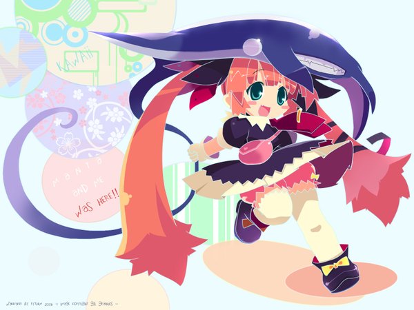 Anime picture 1600x1200 with gagraphic magical rain chan zankuro single open mouth twintails green eyes looking away full body very long hair orange hair wallpaper blush stickers girl thighhighs animal white thighhighs bag fish (fishes) stingray