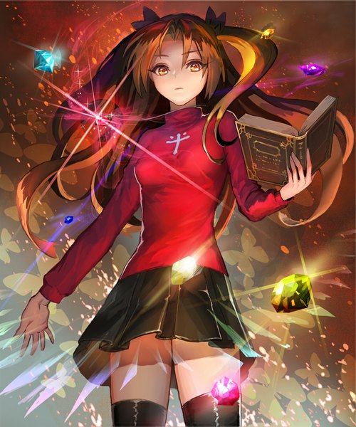 Anime picture 888x1066 with fate (series) fate/stay night type-moon toosaka rin teffish single long hair tall image brown hair standing twintails yellow eyes looking away long sleeves pleated skirt zettai ryouiki girl thighhighs skirt ribbon (ribbons)