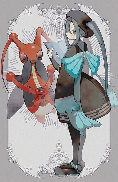 Anime picture 1325x2048 with pokemon vocaloid nintendo project voltage hatsune miku kricketune bug miku (project voltage) shou (mori boro) single long hair tall image fringe hair between eyes standing twintails holding payot looking away full body grey hair