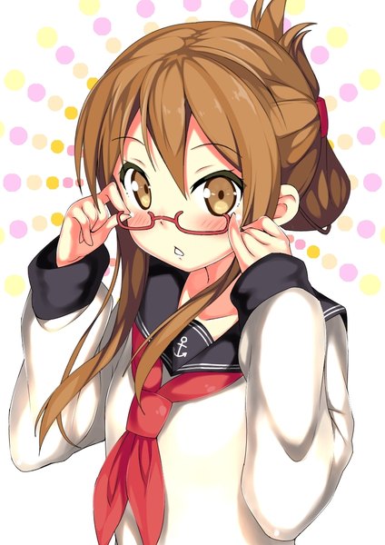 Anime picture 838x1186 with kantai collection inazuma destroyer kawai (purplrpouni) single long hair tall image looking at viewer fringe open mouth hair between eyes brown hair white background brown eyes payot upper body long sleeves :o polka dot adjusting glasses polka dot background