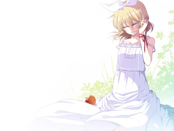Anime picture 1932x1450 with vocaloid kagamine rin mokoppe single highres short hair blonde hair white background bare shoulders eyes closed girl bow ribbon (ribbons) hair bow sundress apple