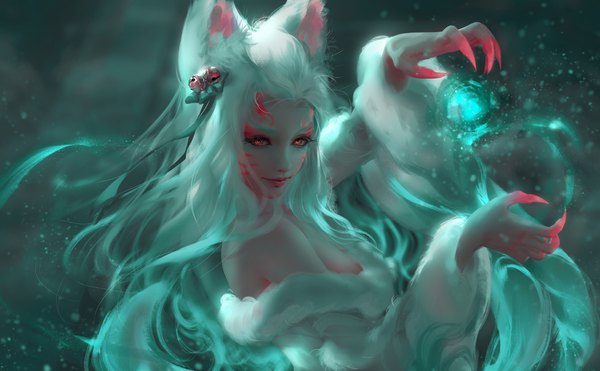 Anime picture 5000x3095 with league of legends ahri (league of legends) spirit blossom ahri nixeu single long hair looking at viewer highres smile wide image bare shoulders animal ears absurdres upper body traditional clothes japanese clothes arm up lips realistic off shoulder