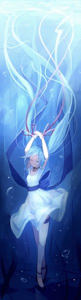 Anime picture 293x1080 with vocaloid hatsune miku kojiki-life single tall image smile twintails blue hair eyes closed very long hair underwater girl dress ribbon (ribbons) white dress bubble (bubbles)
