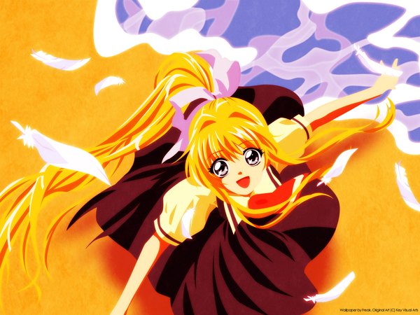 Anime picture 1600x1200 with air key (studio) kamio misuzu single long hair looking at viewer fringe open mouth blonde hair standing payot ponytail from above wind grey eyes spread arms girl bow hair bow water