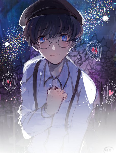 Anime picture 1000x1315 with night on the galactic railroad giovanni (ginga tetsudou no yoru) lvycqt single tall image looking at viewer blush fringe short hair blue eyes black hair hair between eyes upper body tears hand on chest dark background smoke crying boy hat