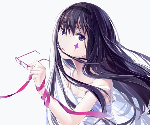 Anime picture 1000x837 with mahou shoujo madoka magica shaft (studio) akemi homura azmodan long hair looking at viewer open mouth black hair simple background white background purple eyes bare shoulders face paint girl dress hair ornament ribbon (ribbons) glasses hairband white dress