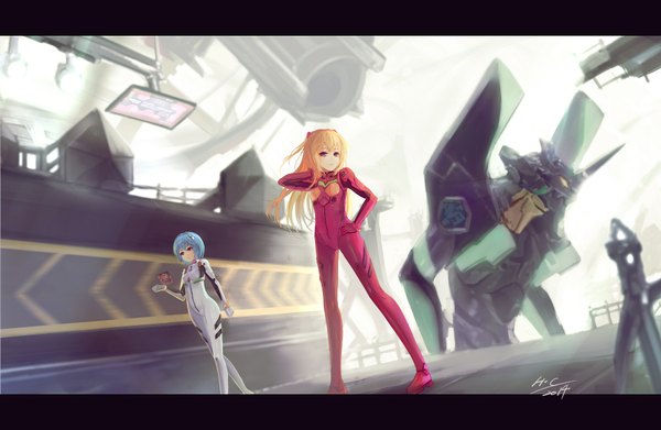 Anime picture 1728x1128 with neon genesis evangelion gainax soryu asuka langley ayanami rei wangchuan de quanyan long hair looking at viewer highres short hair blonde hair red eyes multiple girls blue hair girl hair ornament 2 girls bodysuit suit pilot suit mecha