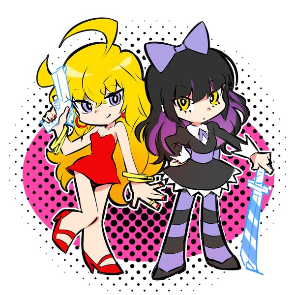 Anime picture 1440x1440 with rwby panty & stocking with garterbelt rooster teeth anarchy stocking blake belladonna yang xiao long anarchy panty iesupa long hair looking at viewer black hair simple background blonde hair purple eyes multiple girls yellow eyes purple hair full body ahoge nail polish