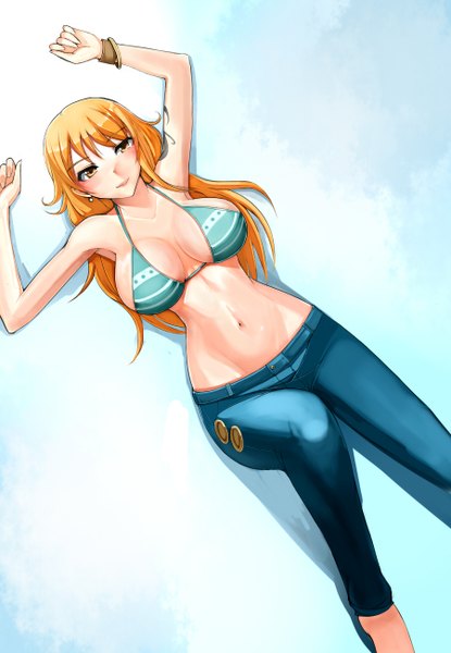 Anime picture 900x1300 with one piece toei animation nami (one piece) metalbolic (kinzo) single long hair tall image blush fringe breasts light erotic blonde hair large breasts yellow eyes lying bare belly armpit (armpits) girl navel earrings