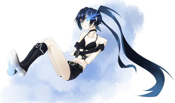 Anime picture 1939x1144 with black rock shooter black rock shooter (character) mitsuki shion single long hair highres blue eyes black hair wide image twintails bare shoulders midriff glowing scar glowing eye (eyes) girl gloves choker elbow gloves shorts