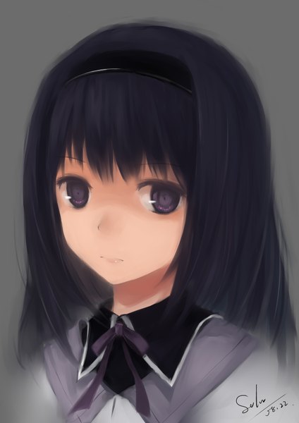 Anime picture 2480x3507 with mahou shoujo madoka magica shaft (studio) akemi homura sola7764 single long hair tall image highres black hair simple background purple eyes grey background girl hairband