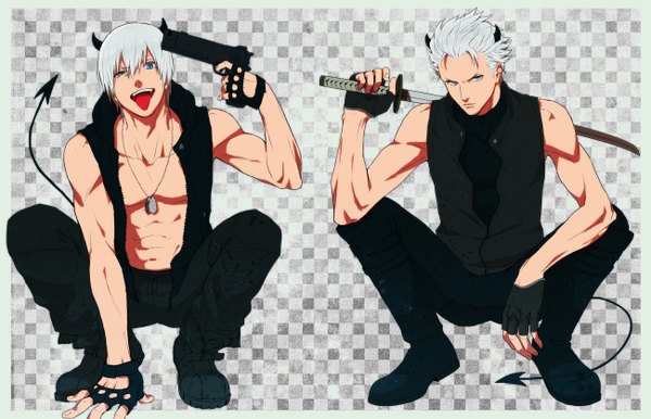 Anime picture 1300x838 with devil may cry dante (devil may cry) vergil pantu555 (artist) short hair blue eyes tail horn (horns) open clothes multiple boys squat demon tail twins angry checkered checkered background boy gloves weapon sword