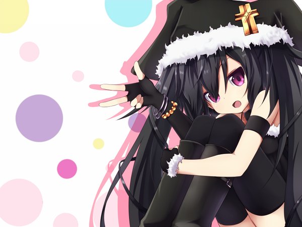 Anime picture 1600x1200 with original note-chan amano kouki long hair looking at viewer open mouth black hair hair between eyes purple eyes twintails girl thighhighs gloves black thighhighs fingerless gloves cap
