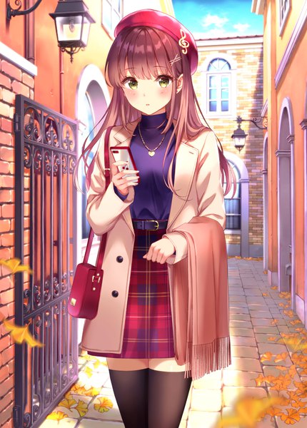Anime picture 717x1000 with original higeneko single long hair tall image looking at viewer blush fringe brown hair standing holding green eyes payot sky cloud (clouds) outdoors blunt bangs parted lips fingernails open clothes