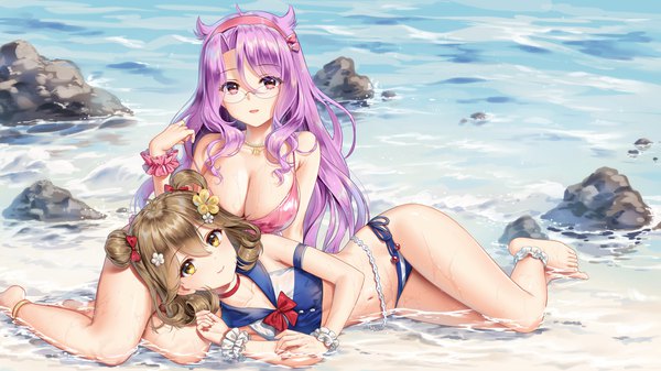 Anime picture 1778x1000 with girl cafe gun nola moon (girl cafe gun) su xiaozhen (girl cafe gun) haneru long hair looking at viewer blush fringe highres short hair breasts open mouth light erotic hair between eyes brown hair wide image large breasts sitting purple eyes multiple girls