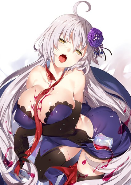 Anime picture 908x1280 with fate (series) fate/grand order jeanne d'arc (fate) (all) jeanne d'arc alter (fate) tachibana yuu single long hair tall image looking at viewer blush fringe breasts open mouth light erotic simple background hair between eyes large breasts standing white background bare shoulders