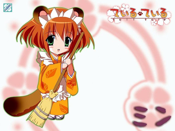 イラスト 1024x768 と tail tale 短い髪 緑の目 獣耳 和服 animal tail 和風メイド 被り物 着物 ホワイトブリム 箒