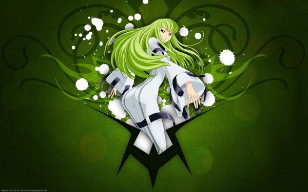 Anime picture 1920x1200 with code geass sunrise (studio) c.c. single long hair fringe highres wide image yellow eyes payot ass green hair from behind wide sleeves green background girl