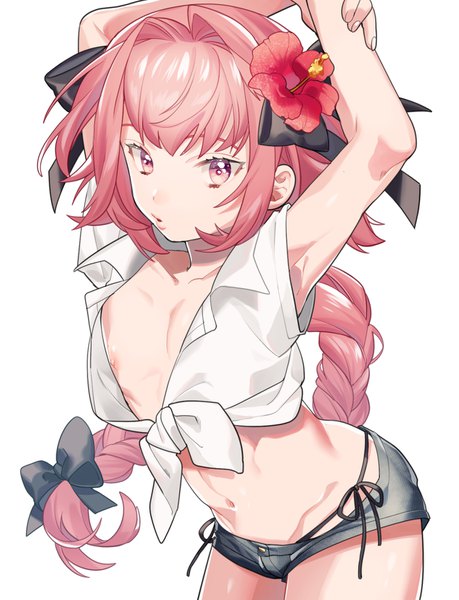 Anime picture 1300x1700 with fate (series) fate/apocrypha astolfo (fate) mihatarou single long hair tall image looking at viewer fringe light erotic simple background white background pink hair nipples braid (braids) pink eyes hair flower arms up armpit (armpits) midriff