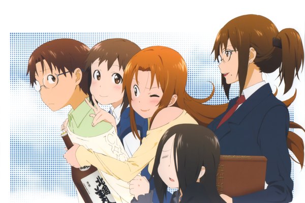 Anime picture 4066x2705 with working!! a-1 pictures takanashi souta takanashi nazuna takanashi kozue takanashi izumi takanashi kazue adachi shingo long hair blush highres short hair black hair smile brown hair multiple girls brown eyes absurdres one eye closed wink