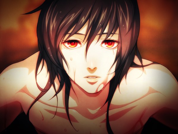 Anime picture 1600x1200 with sweet pool nitro+chiral youji sakiyama single looking at viewer short hair black hair red eyes bare shoulders from above wet portrait boy blood