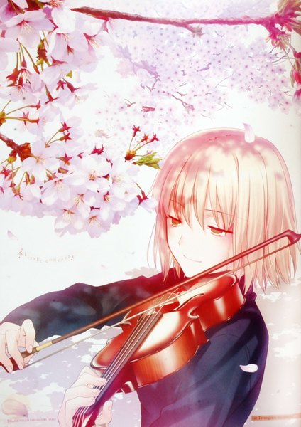 Anime picture 2455x3477 with original takeuchi takashi single tall image highres short hair blonde hair smile white background green eyes pink hair pink eyes light smile cherry blossoms girl petals musical instrument violin