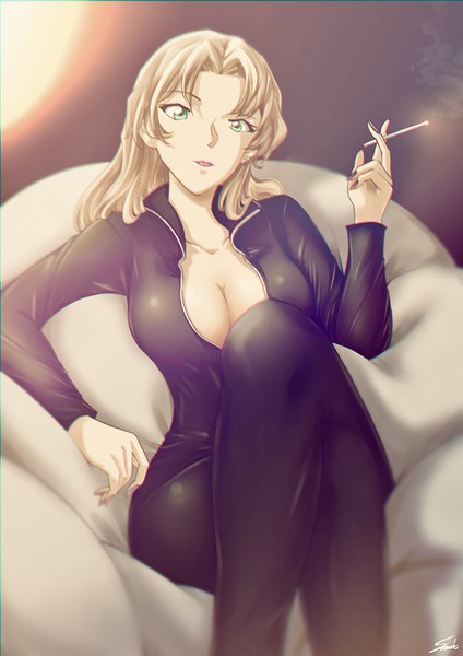 Anime picture 1240x1754 with detective conan vermouth (meitantei conan) sooma4869 single long hair tall image looking at viewer fringe light erotic blonde hair sitting holding green eyes long sleeves nail polish fingernails lipstick crossed legs smoke anaglyph
