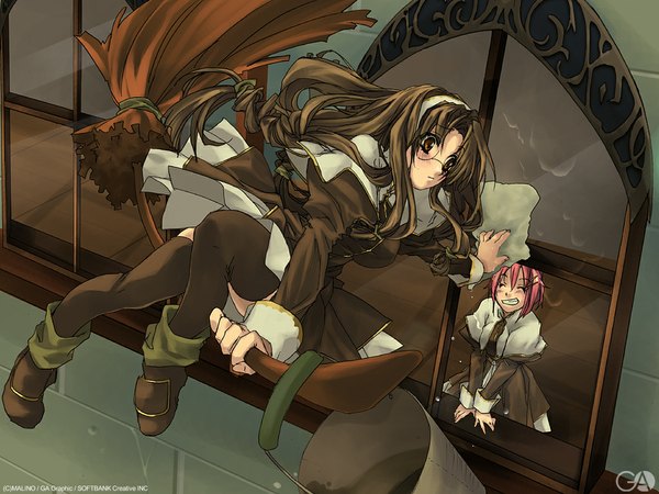 Anime picture 1024x768 with gagraphic long hair brown hair brown eyes magician girl glasses