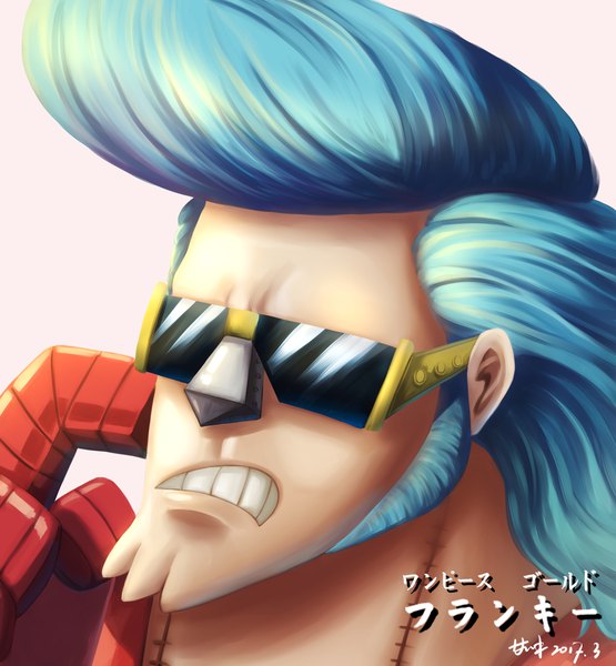 Anime picture 1748x1889 with one piece one piece film: gold toei animation franky yan xiao qi single tall image highres short hair simple background smile signed blue hair character names grin hieroglyph dated portrait scar clenched teeth