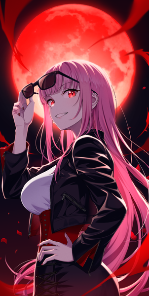 Anime picture 1400x2786 with virtual youtuber hololive hololive english mori calliope corsetman single long hair tall image looking at viewer fringe smile red eyes pink hair upper body blunt bangs nail polish open jacket hand on hip grin red nail polish