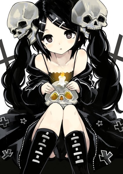Anime picture 920x1300 with original honest (morina) morina nao single long hair tall image looking at viewer blush open mouth black hair white background sitting twintails black eyes open clothes open jacket :o symbol-shaped pupils wavy hair + +