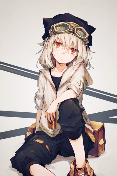 Anime picture 661x998 with original amoranorem single tall image looking at viewer fringe short hair simple background hair between eyes red eyes sitting holding animal ears bent knee (knees) white hair head tilt grey background open jacket hand on knee goggles on head