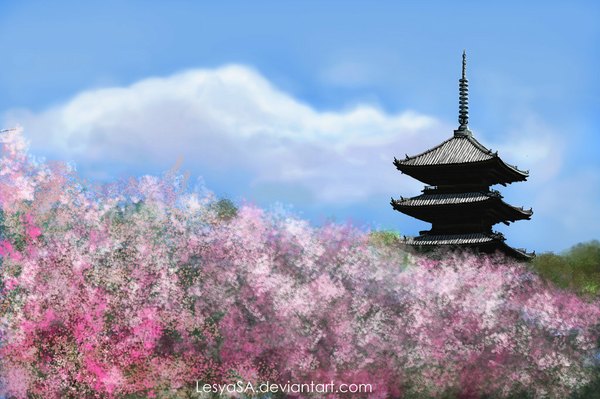 Anime picture 1024x681 with original lesyasa (artist) sky cloud (clouds) cherry blossoms no people nature plant (plants) tree (trees) building (buildings) tower roof shrine