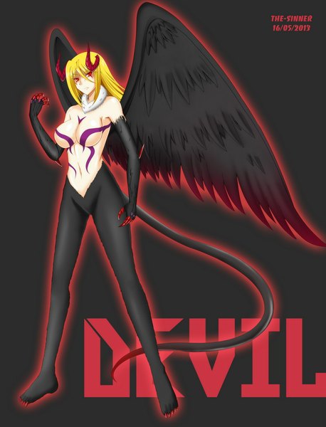 Anime picture 800x1049 with the-sinner single long hair tall image breasts light erotic blonde hair red eyes large breasts tail horn (horns) inscription black background black wings monster girl girl navel wings