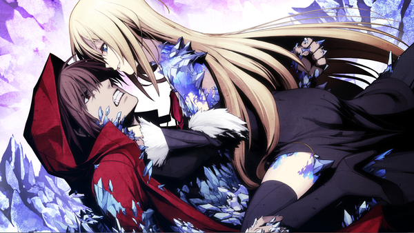 Anime picture 1023x577 with guilty crown guilty crown lost christmas production i.g present (guilty crown) scrooge (guilty crown) chuuou higashiguchi long hair short hair blue eyes blonde hair smile brown hair wide image profile face to face clenched teeth girl thighhighs dress boy