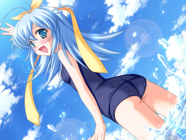 Anime picture 1200x900 with natsuiro penguin blue eyes light erotic blue hair game cg ribbon (ribbons) swimsuit one-piece swimsuit school swimsuit splashes