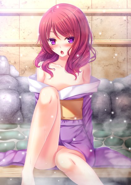 Anime picture 848x1200 with love live! school idol project sunrise (studio) love live! nishikino maki toshi (1-147) single long hair tall image blush open mouth light erotic purple eyes purple hair traditional clothes japanese clothes snowing girl kimono