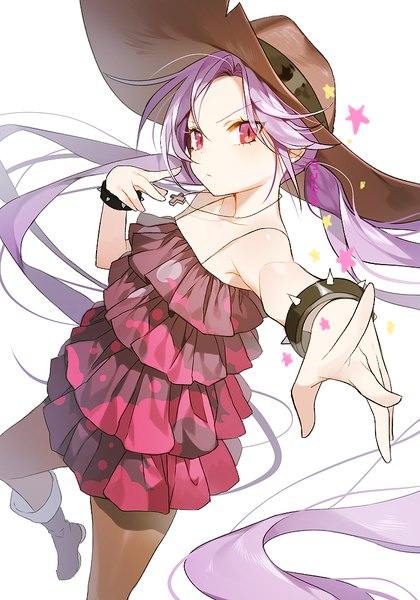 Anime picture 700x1000 with americano exodus ridge ways sorolp single tall image looking at viewer fringe simple background standing white background twintails signed purple hair bent knee (knees) very long hair pink eyes from above floating hair outstretched arm standing on one leg