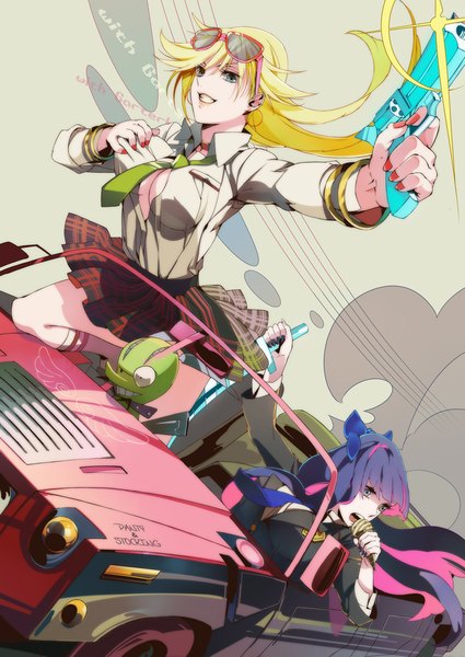 Anime picture 708x1000 with panty & stocking with garterbelt anarchy stocking anarchy panty oba-min long hair tall image looking at viewer fringe breasts light erotic blonde hair multiple girls holding nail polish pleated skirt multicolored hair fingernails two-tone hair colored inner hair eating
