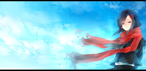 Anime picture 2000x972 with kagerou project shaft (studio) tateyama ayano nevakuma (fanfanas) single long hair highres black hair wide image cloud (clouds) eyes closed tears letterboxed girl scarf red scarf