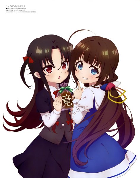 Anime picture 3226x4100 with ryuuou no oshigoto! megami magazine hinatsuru ai yashajin ai yano akane long hair tall image looking at viewer blush highres open mouth blue eyes black hair smile red eyes brown hair white background twintails multiple girls absurdres