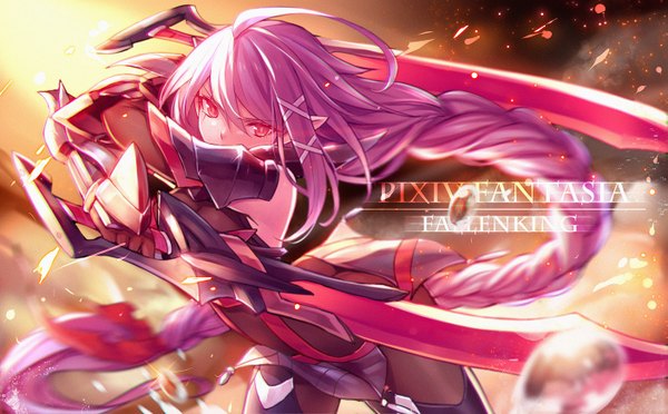 Anime picture 1403x872 with original pixiv fantasia pixiv fantasia fallen kings pen (steelleets) single looking at viewer wide image holding pink hair braid (braids) very long hair pink eyes dual wielding girl gloves weapon sword elbow gloves