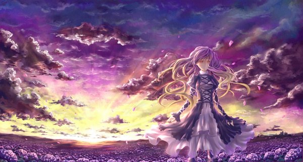 Anime picture 1862x994 with touhou hijiri byakuren c.z. single long hair fringe highres wide image standing yellow eyes sky cloud (clouds) multicolored hair two-tone hair evening sunset landscape scenic weightlessness field