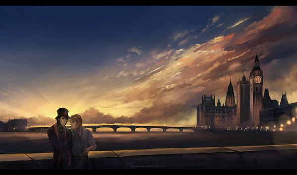 Anime picture 1100x650 with megatruh short hair black hair blonde hair wide image signed sky cloud (clouds) multiple boys evening sunset letterboxed city lights river boy scarf bowtie building (buildings) 2 boys clock