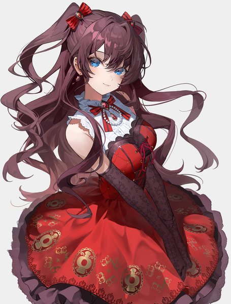 Anime picture 1800x2373 with idolmaster idolmaster cinderella girls ichinose shiki chyoel single long hair tall image looking at viewer fringe highres blue eyes simple background hair between eyes brown hair grey background two side up sleeveless invitation dive girl dress