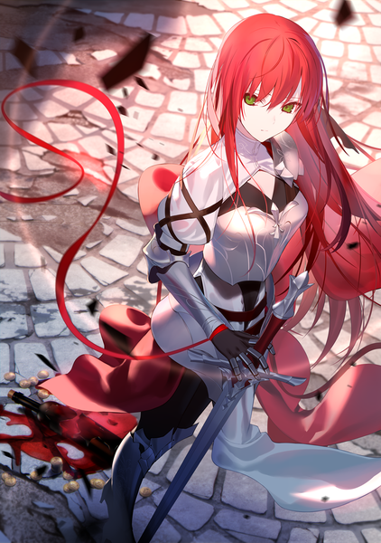 Anime picture 1002x1423 with hime kishi-sama no himo alwin (hime kishi-sama no himo) mashima saki (mashimasa) single long hair tall image looking at viewer fringe hair between eyes standing holding green eyes looking away full body red hair from above wind knight girl ribbon (ribbons)