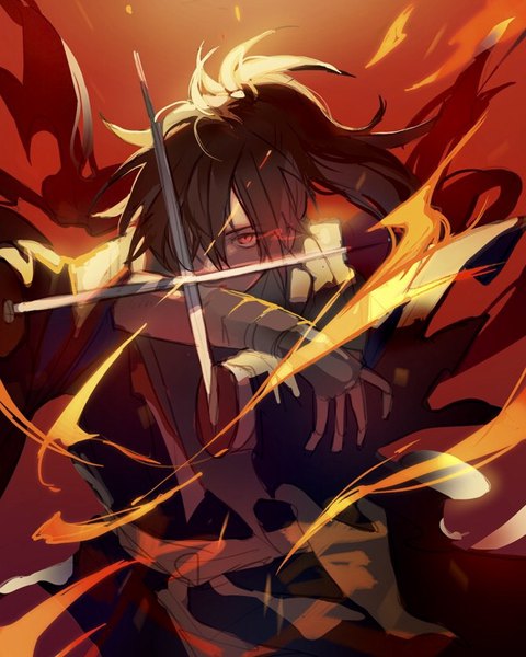 Anime picture 672x840 with dororo (tezuka) hyakkimaru (dororo) tsugutoku single tall image looking at viewer fringe short hair red eyes brown hair standing holding ponytail traditional clothes japanese clothes hair over one eye mouth hold fighting stance boy weapon
