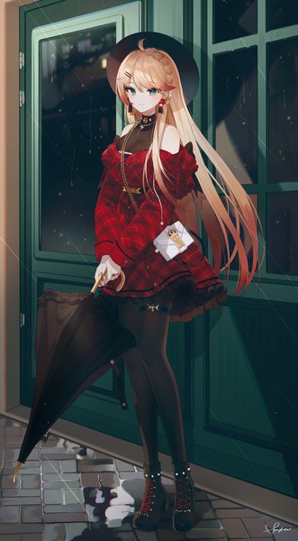 Anime picture 2760x5000 with azur lane howe (azur lane) howe (noble rouge) (azur lane) snow is single long hair tall image looking at viewer blush fringe highres breasts blonde hair smile hair between eyes standing bare shoulders holding signed full body