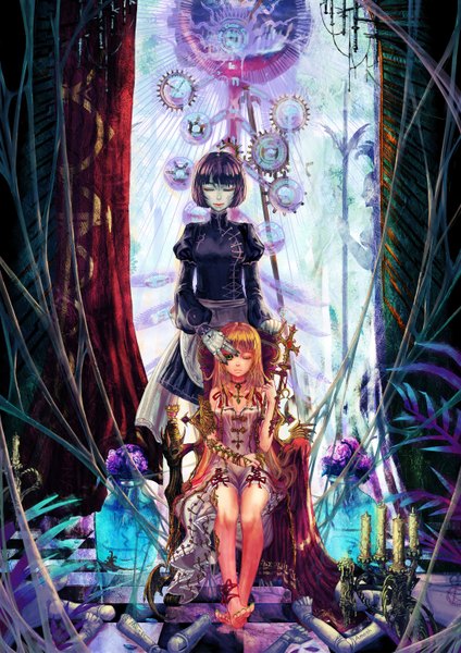 Anime picture 2192x3100 with original edenfox long hair tall image highres blonde hair multiple girls green eyes purple hair eyes closed nail polish one eye closed barefoot wink maid facial mark checkered floor face paint blue skin girl