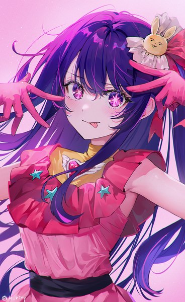 Anime picture 1000x1630 with oshi no ko hoshino ai (oshi no ko) rity single long hair tall image fringe simple background hair between eyes purple eyes signed purple hair upper body multicolored hair streaked hair twitter username one side up pink background :p girl
